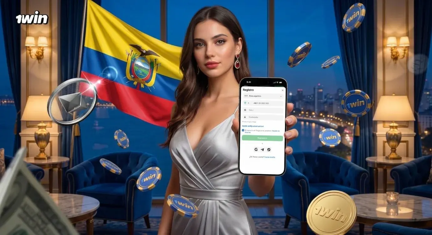 Mujer muestra en su celular el formulario de registro de 1win en un salón con cortinas azules, la bandera de Ecuador, fichas y monedas de 1win